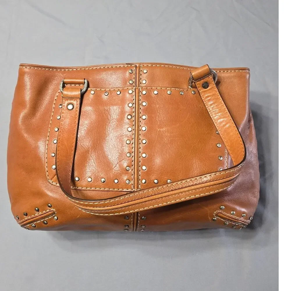 Michael Kors Vintage Astor Studded Leather Satchel Bag Cognac Tan Y2K